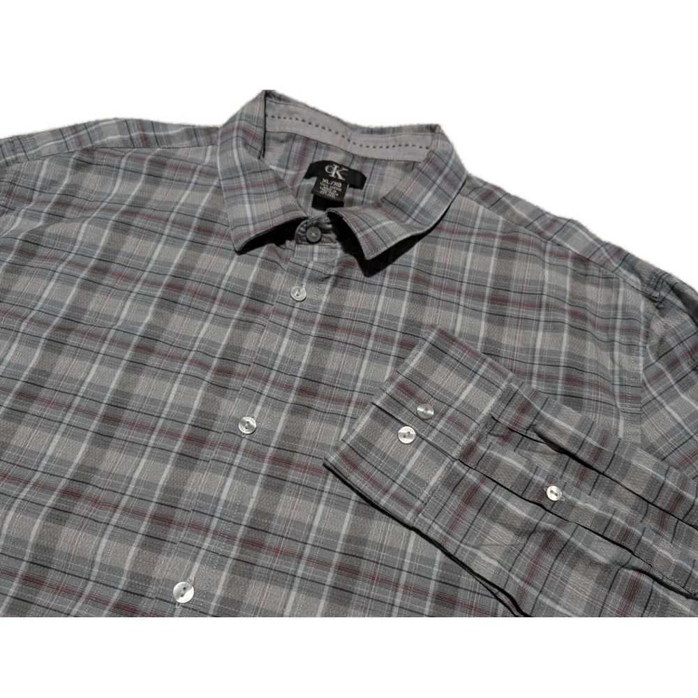 Calvin Klein Shirt Mens XL Gray Red Plaid‎ Check Long Sleeve Flannel Button Up